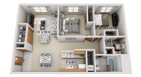 Floor plan for 2 beds, 2 baths, 957 sqft